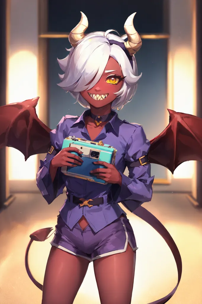 This is an image of a young woman with white hair and red horns. She has yellow eyes and is wearing a purple shirt and shorts. She is also wearing a necklace and has a camera in her hand. She has a devilish grin on her face and her wings are spread out behind her.