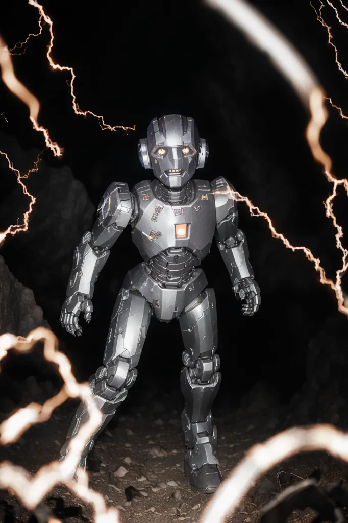 The image shows a robot standing in a dark place. The robot is made of metal and has a grey color. It has a helmet with a light on the forehead. There are some yellow and orange lights on its chest. There are lightning bolts around the robot. The background is dark and there are some rocks on the ground.