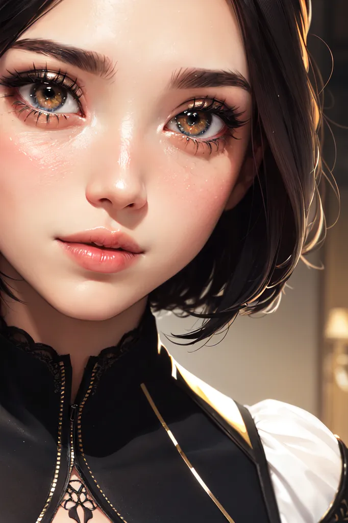 La imagen es una pintura digital de una mujer joven. Tiene el cabello corto de color marrón, ojos de color marrón claro y una tez clara. Lleva un vestido negro con cuello blanco. El vestido está ribeteado con encaje dorado. El cabello de la mujer está recogido en un moño y lleva un par de pendientes. Tiene una sonrisa suave en el rostro y mira al espectador con la cabeza ligeramente inclinada hacia abajo en un ángulo.