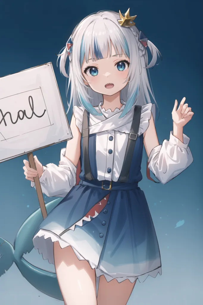 The image is of an anime-style girl with white and blue hair, blue eyes, and a shark-like tail. She is wearing a blue and white dress with a white collar and a shark tooth necklace. She is also holding a sign that says "Gura". The background is a dark blue color.