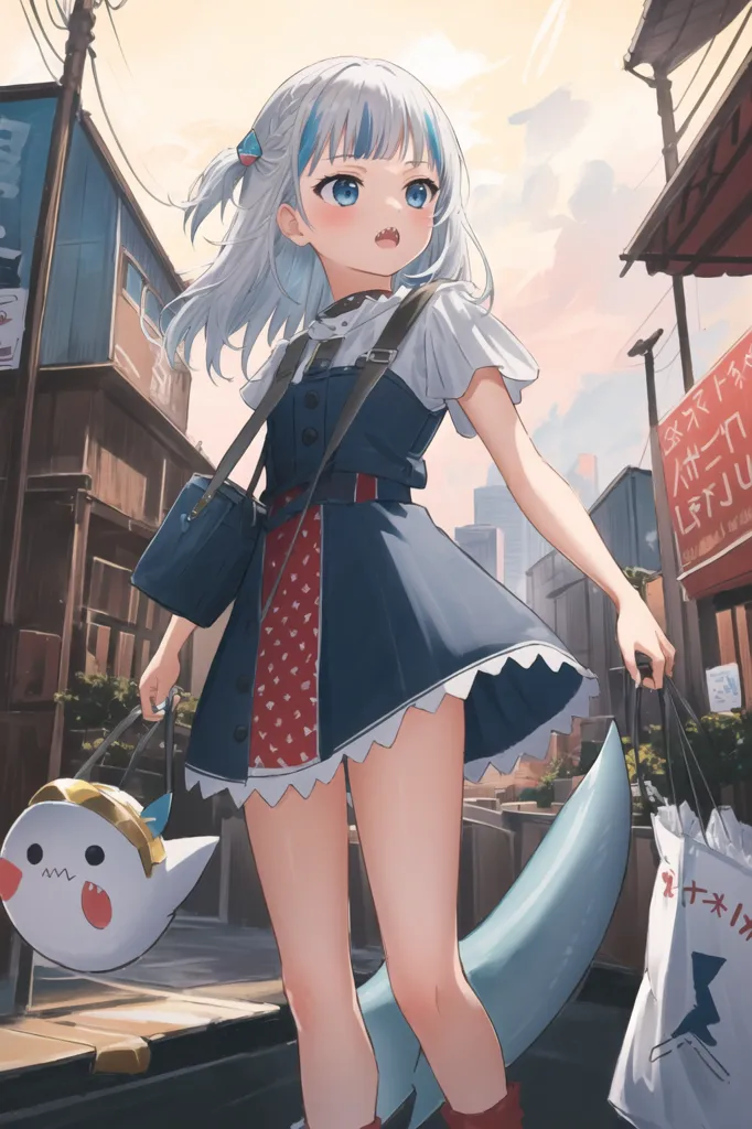 The image is of an anime-style girl with white and blue hair, blue eyes, and a shark-like tail. She is wearing a blue and white dress with a red and white striped underskirt and a brown belt. She is also wearing a white backpack and carrying two shopping bags. She has a surprised expression on her face and is looking to the viewer's left. The background is a busy street with Japanese storefronts and signs.