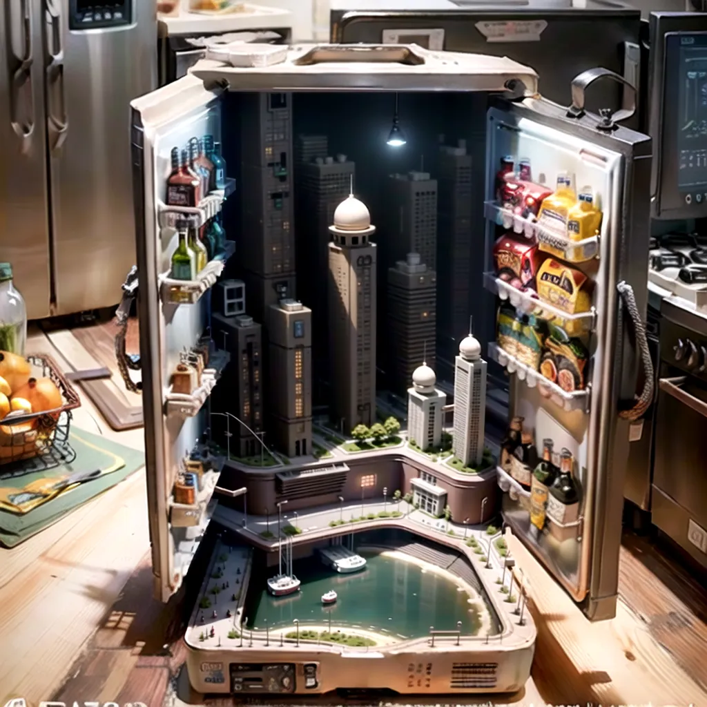 L'image est une maquette d'une ville à l'intérieur d'un réfrigérateur. L'intérieur du réfrigérateur est peint avec un paysage urbain, et les étagères sont garnies de miniatures d'aliments. La maquette est éclairée par une seule ampoule, et la porte du réfrigérateur est ouverte.