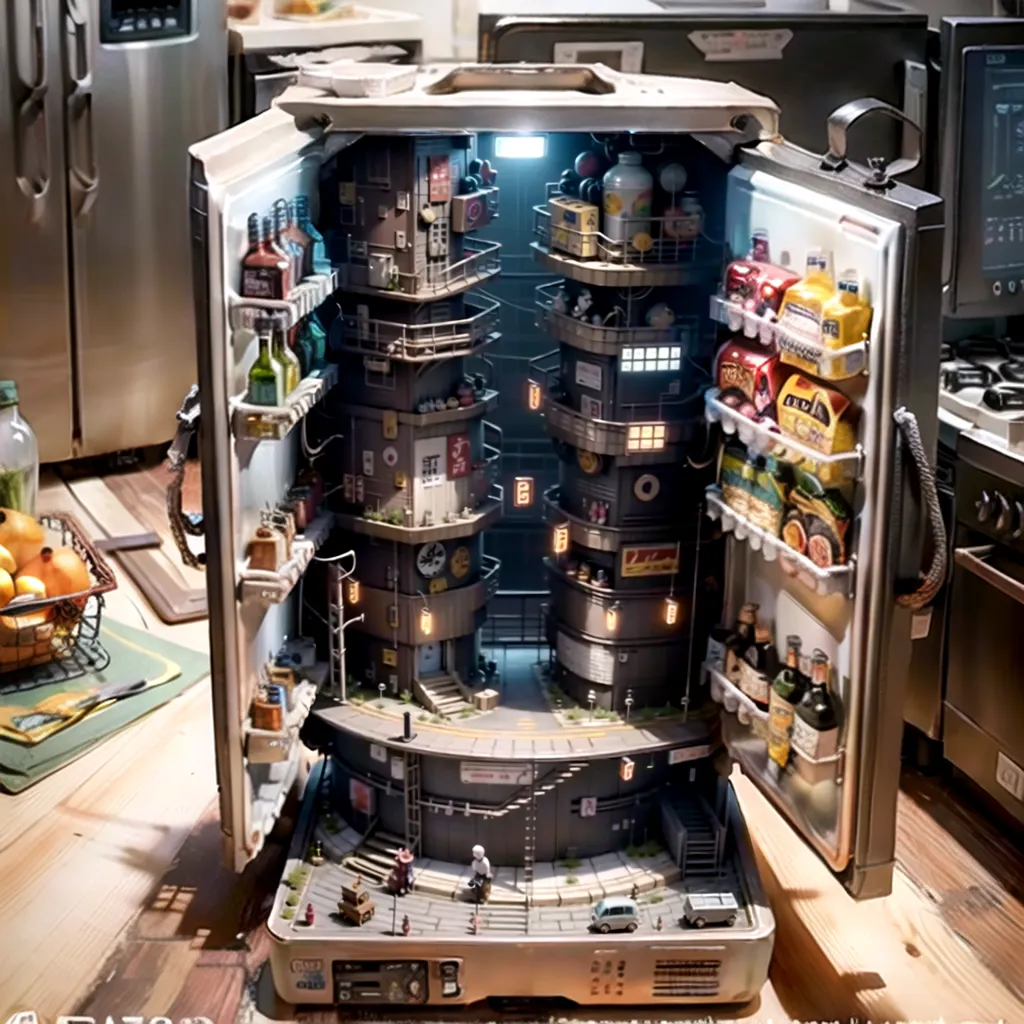 La imagen muestra el interior de un refrigerador que ha sido convertido en una ciudad en miniatura. La ciudad está completa con edificios, calles e incluso personas. Los edificios están hechos de diferentes materiales, como plástico, metal y madera. Las calles están hechas de cartón y las personas están hechas de plástico. La ciudad está iluminada por pequeñas luces.