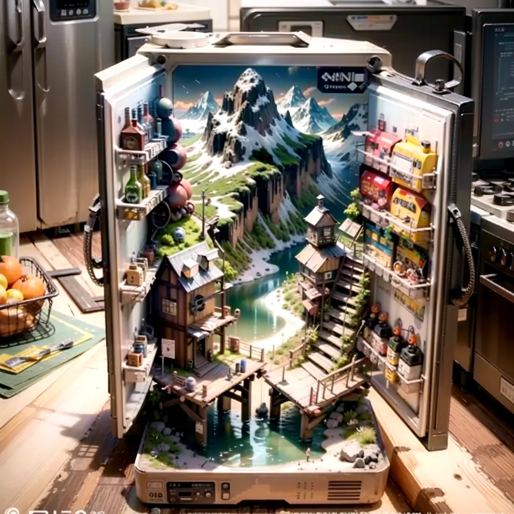 The image shows what the inside of a refrigerator might look like if it were a diorama. The shelves are lined with tiny houses, trees, and other objects, and there is even a small river running through the middle.  The diorama is very detailed, and it looks like a lot of thought went into its creation. It is a very creative and unique piece of art.