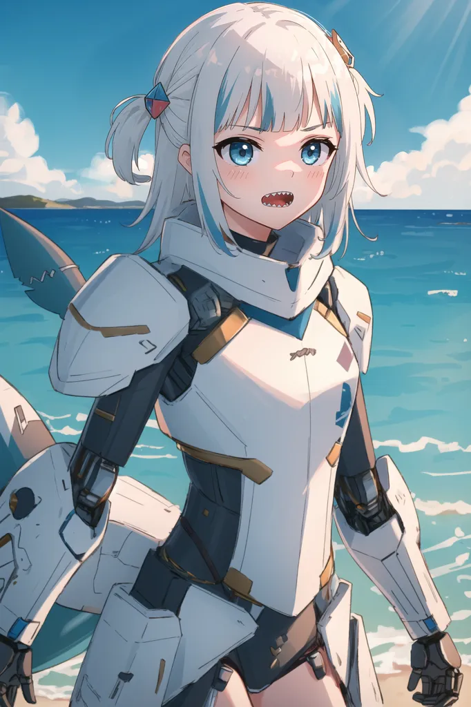 The image is of an anime-style girl with white hair and blue eyes. She is wearing a white and blue swimsuit with a shark-like design. She is also wearing a pair of goggles. She is standing on a beach, with the ocean behind her. There is a shark fin in the water near her. The sky is blue and there are white clouds in the background.