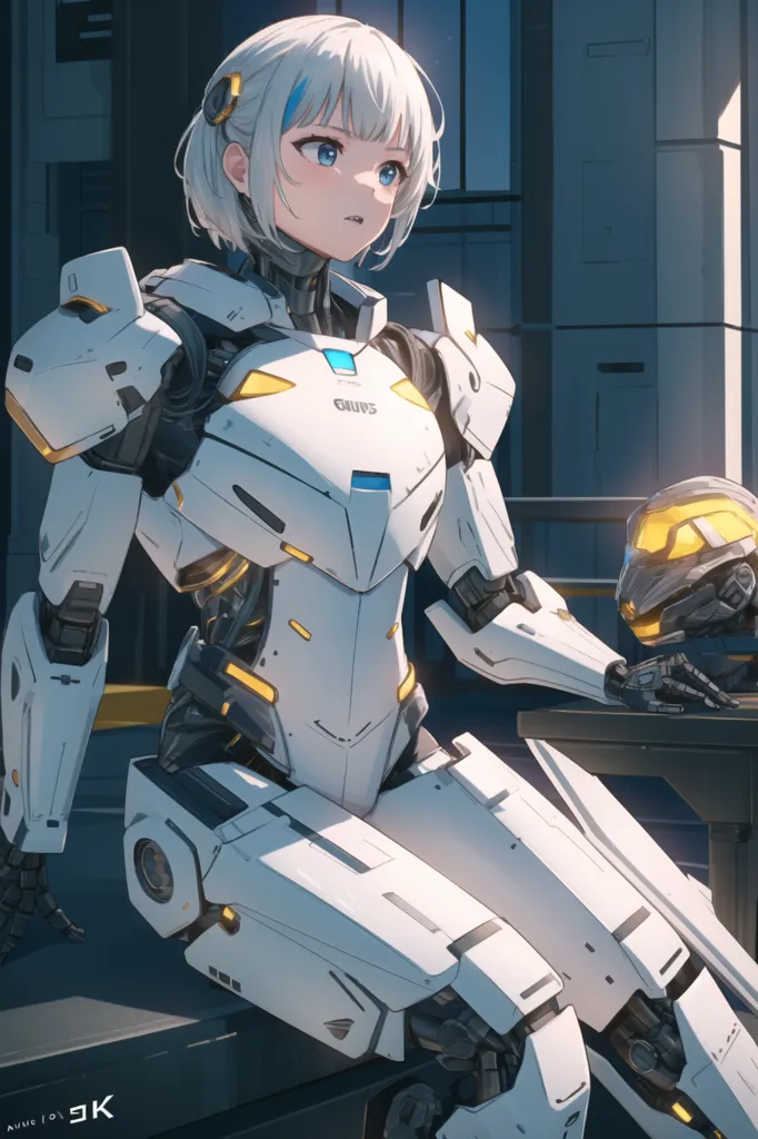 The image is of a young woman with short white hair and blue eyes. She is wearing a white and yellow armored suit with a yellow helmet. She is sitting on a bench in what appears to be a hangar. There is a large window behind her showing a city in the distance.