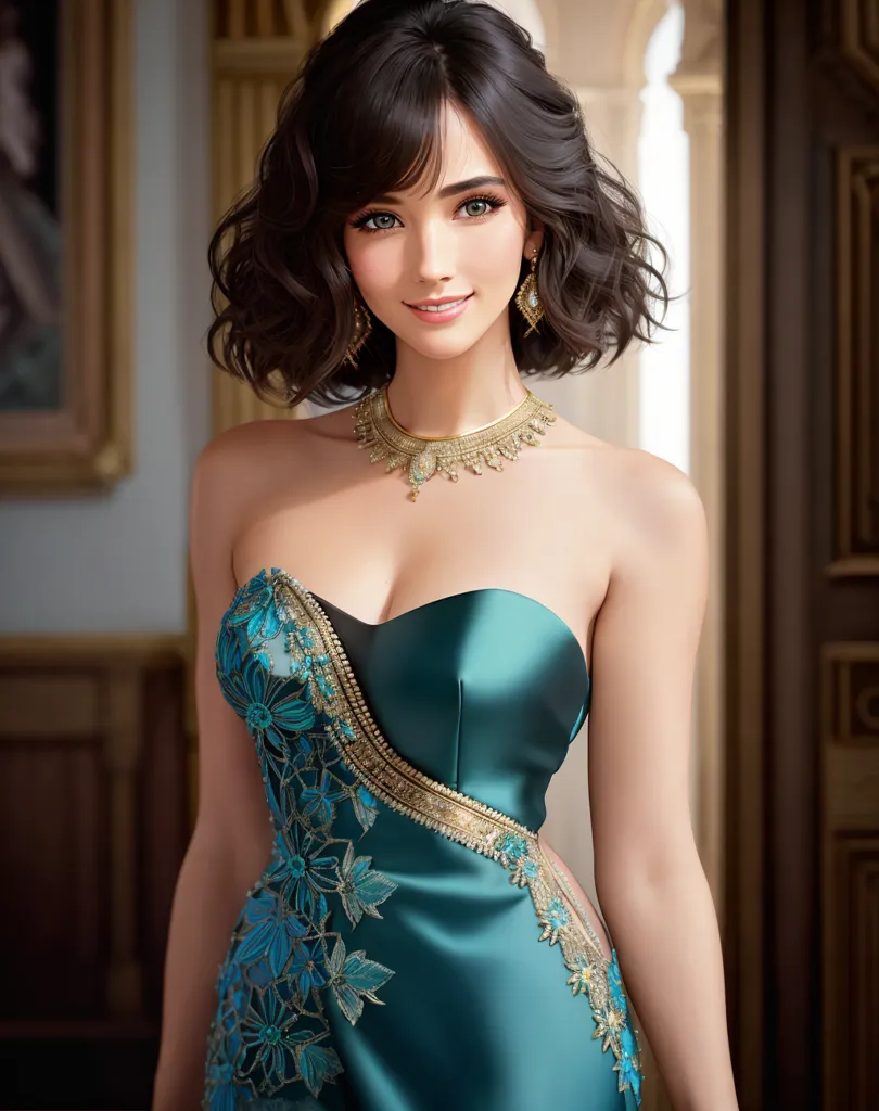 The image shows a beautiful woman with dark brown hair and blue eyes. She is wearing a strapless blue dress with gold and teal floral embroidery. The dress is fitted to her body and has a sweetheart neckline. She is also wearing a gold necklace and earrings. Her hair is styled in a half-up, half-down style with face-framing curls. Her makeup is natural and she has a soft smile on her face. She is standing in a grand room with marble columns and a crystal chandelier.