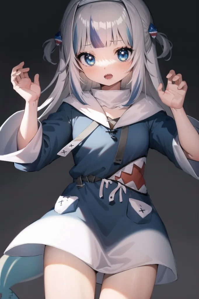 A imagem é de uma garota no estilo anime com cabelo branco e olhos azuis. Ela está usando um vestido azul e branco com um padrão de dente de tubarão. Ela tem uma expressão surpresa no rosto e está com as mãos levantadas no ar. Ela tem dentes semelhantes a de um tubarão.