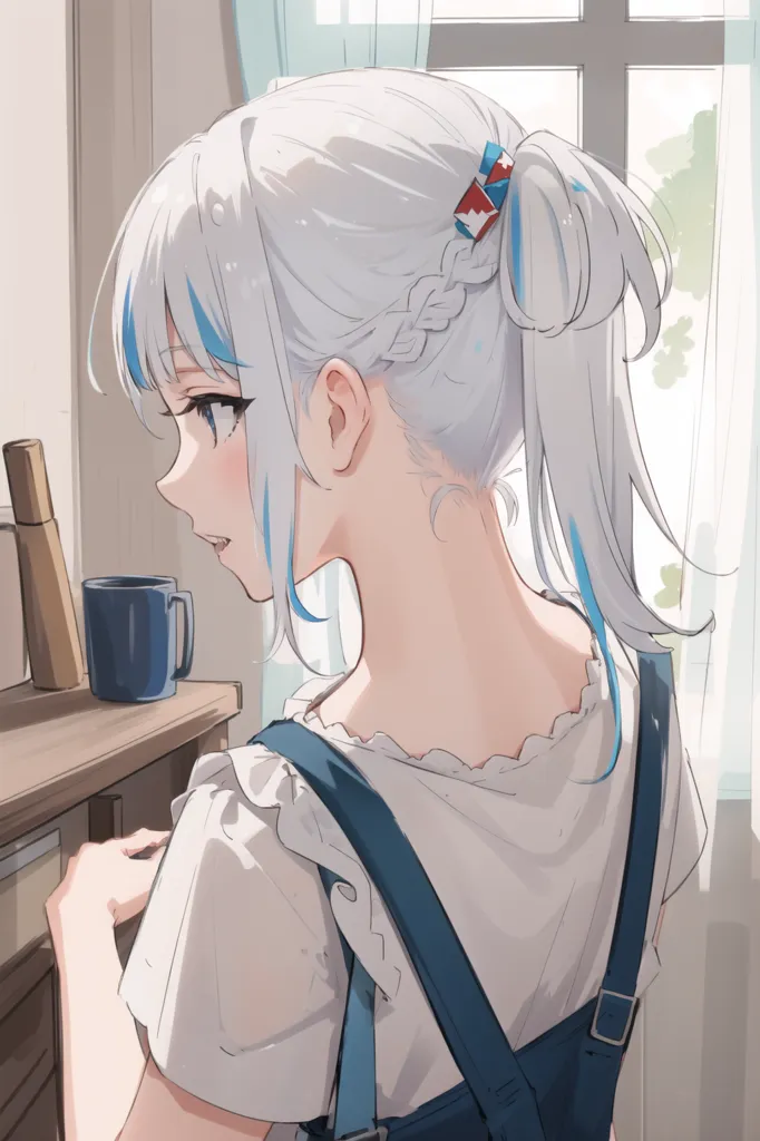 The image shows a young woman with white hair and blue eyes. She is wearing a white shirt and blue overalls. The woman is standing in a kitchen, looking out the window. She has a ponytail with a braid going into it and a part of her ahoge is sticking out. She is holding a coffee mug. The image is drawn in a realistic style and the colors are soft and muted.