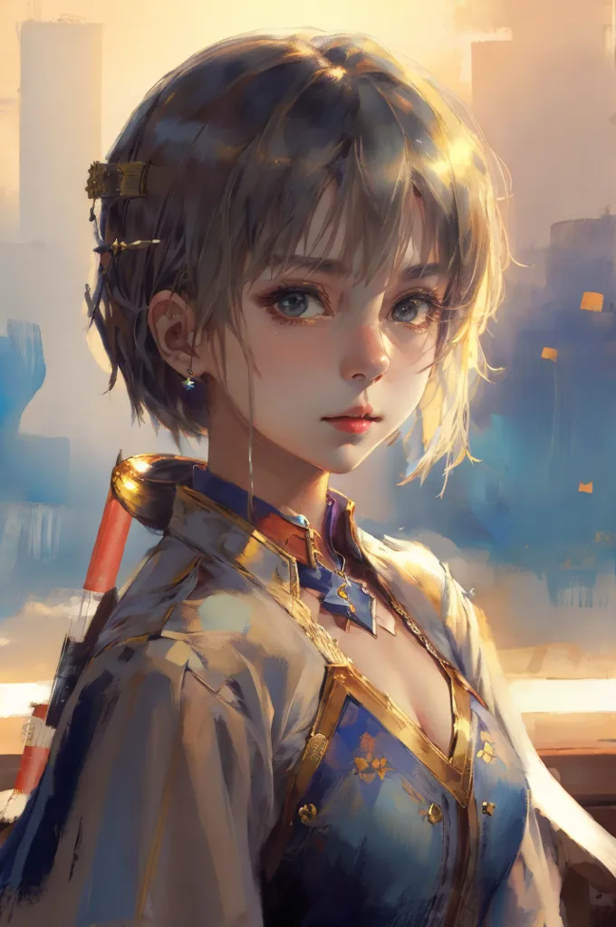 The image is a painting of a young woman with short gray hair. She is wearing a white shirt with a blue vest and a gold necklace. She has blue eyes and is looking at the viewer with a serious expression. The background is a blur of light blue and yellow-orange.