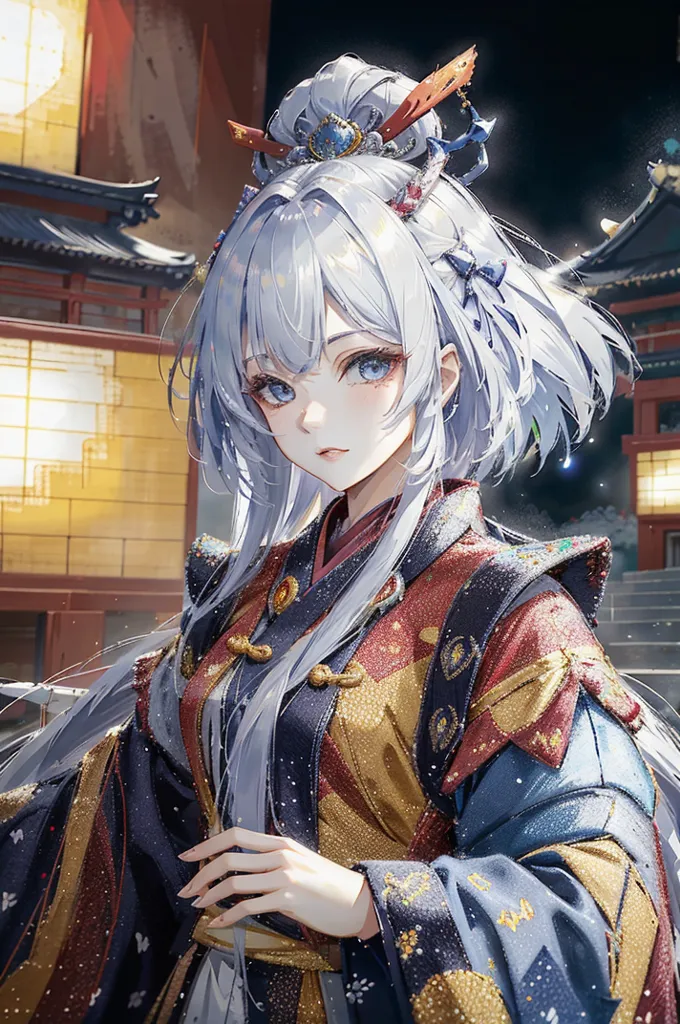 A imagem mostra uma jovem mulher em pé em um pátio tradicional japonês. Ela está usando um quimono com um padrão vermelho e dourado e tem cabelos brancos longos. A mulher olha para o espectador com uma expressão séria. O fundo está desfocado e mostra uma casa tradicional japonesa.