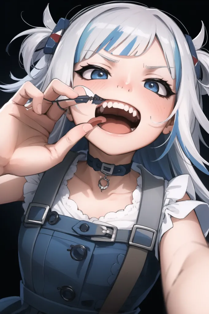 L'image représente une fille de style anime aux cheveux blancs et bleus. Elle porte une tenue bleue et blanche avec un col blanc. Elle a la bouche grande ouverte et sourit, et tient une paire de pinces avec un petit objet dedans. Elle a l'air excitée.