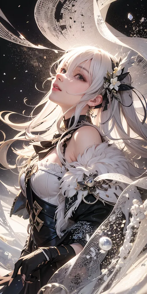 La imagen es una pintura de una hermosa mujer con el cabello blanco largo y ojos plateados. Ella está usando un vestido blanco con un corsé negro. El vestido está ribeteado con piel y ella está usando un collar con un colgante grande. La mujer está de pie en un bosque nevado y está mirando hacia el cielo. Hay un gran pájaro blanco volando detrás de ella. La pintura está hecha en un estilo realista y la expresión de la mujer es de paz y serenidad.