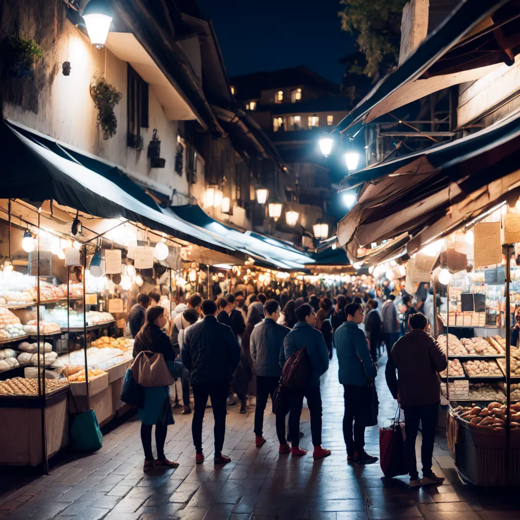 The image is a long and narrow street with a stone archway at the end. It is night and the street is lit by a few lanterns. There are people on both sides of the street, browsing the stalls that are set up. There are a variety of stalls, selling food, clothing, and other goods. The people are dressed in a variety of ways, from casual to formal. The street is crowded, but there is a sense of excitement and energy in the air.