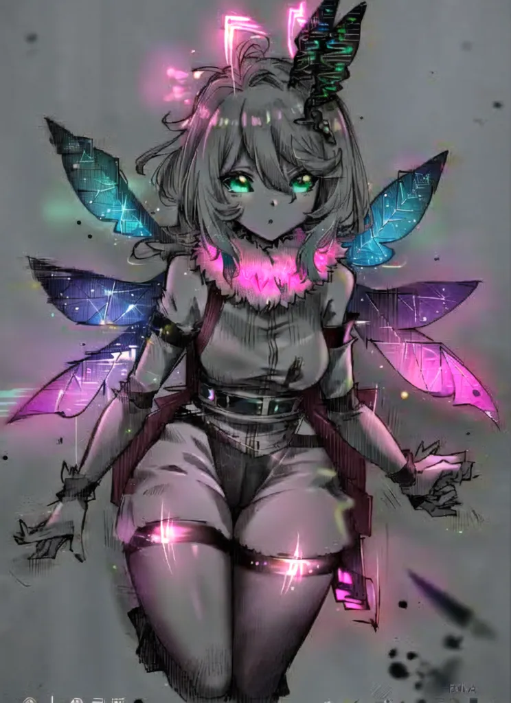 A imagem é de uma garota em estilo anime com cabelos longos e castanho claro e olhos verdes. Ela está usando um traje branco e cinza com uma echarpe rosa. Ela tem asas de borboleta que são uma mistura de azul, verde e roxo com marcas de rosa neon. Ela também está usando um par de botas pretas com solas rosa. A garota está em pé em um vazio escuro com algumas luzes brilhantes pequenas ao fundo.