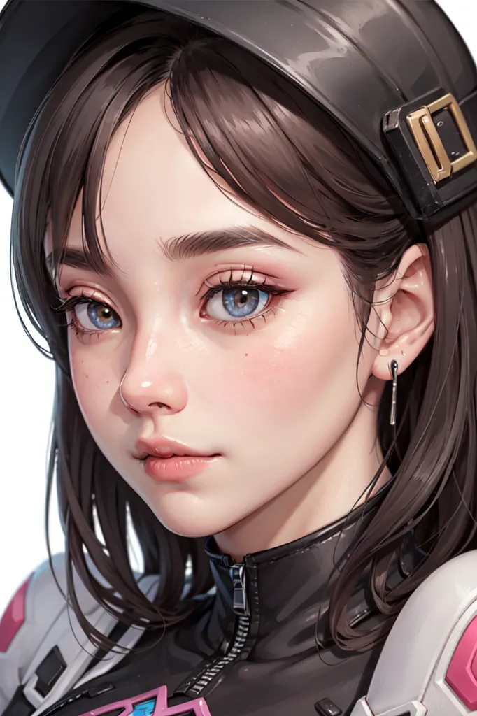 The image is a digital painting of a young woman. She has brown hair, blue eyes, and a pink blush on her cheeks. She is wearing a black cap and a black jacket with pink and white details. The image is cropped close to her face, and her expression is serious.