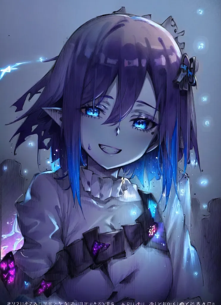 La imagen es de una chica con estilo anime de cabello morado y ojos azules. Ella está sonriendo y tiene un colmillo sobresaliendo de su boca. Está usando un vestido blanco con un lazo morado. También hay algunas luces azules y moradas flotando a su alrededor.