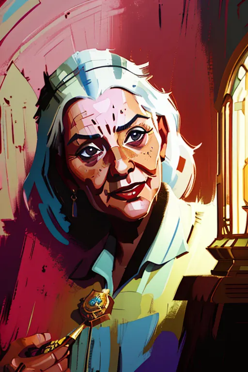 An elderly woman with gray hair and a stern expression is shown in the picture. She is wearing a blue shirt with a white collar and has a key in her hand. The background is a dark red, and there is a lantern on the right side of the image. The woman's face is wrinkled, and she has a small smile on her lips. She is looking at the viewer with a knowing expression.