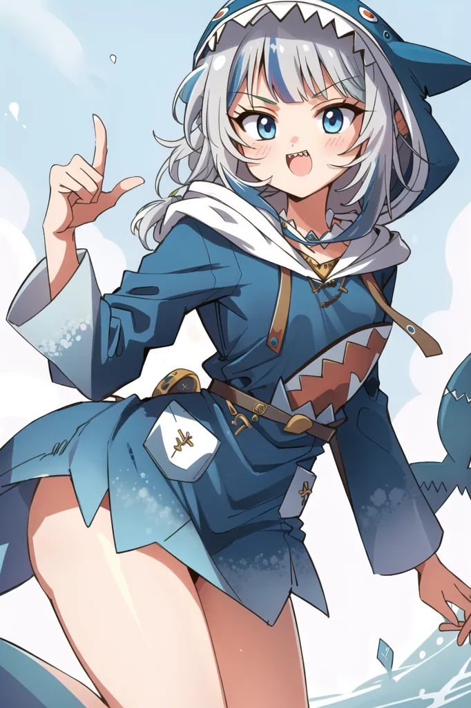 The image is of an anime-style girl with shark-like features. She has pale skin, blue eyes, and white hair. She is wearing a blue and white shark-themed outfit, including a shark-shaped hood with a fin on top and a pair of shark fins on her hips. She is also wearing a pair of blue and white striped socks and a pair of black boots. She has a confident expression on her face and is pointing with her right hand.