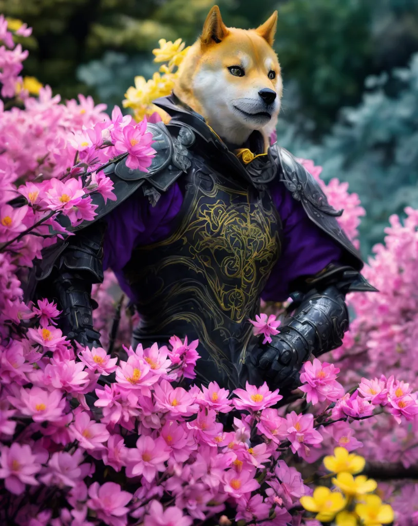 The image shows a Shiba Inu dog wearing a suit of armor. The armor is black and gold, with a purple cape. The dog is standing in a field of pink flowers. The background is a blur of green leaves.