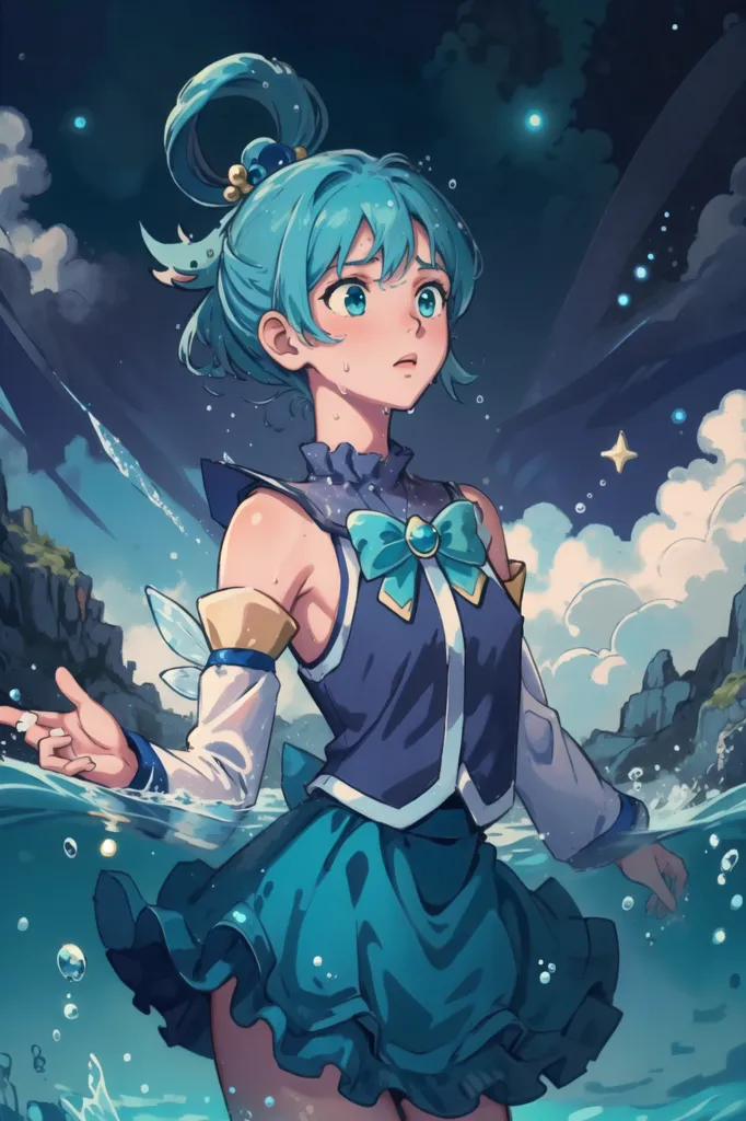 This is an image of a girl with aqua hair and blue eyes. She is wearing a blue and white dress with a yellow bow. She is standing in the water up to her waist. The water is up to her waist. She has her left hand raised. She is looking to the right with a worried expression. There are some clouds in the background. There is a bright light coming from the right.