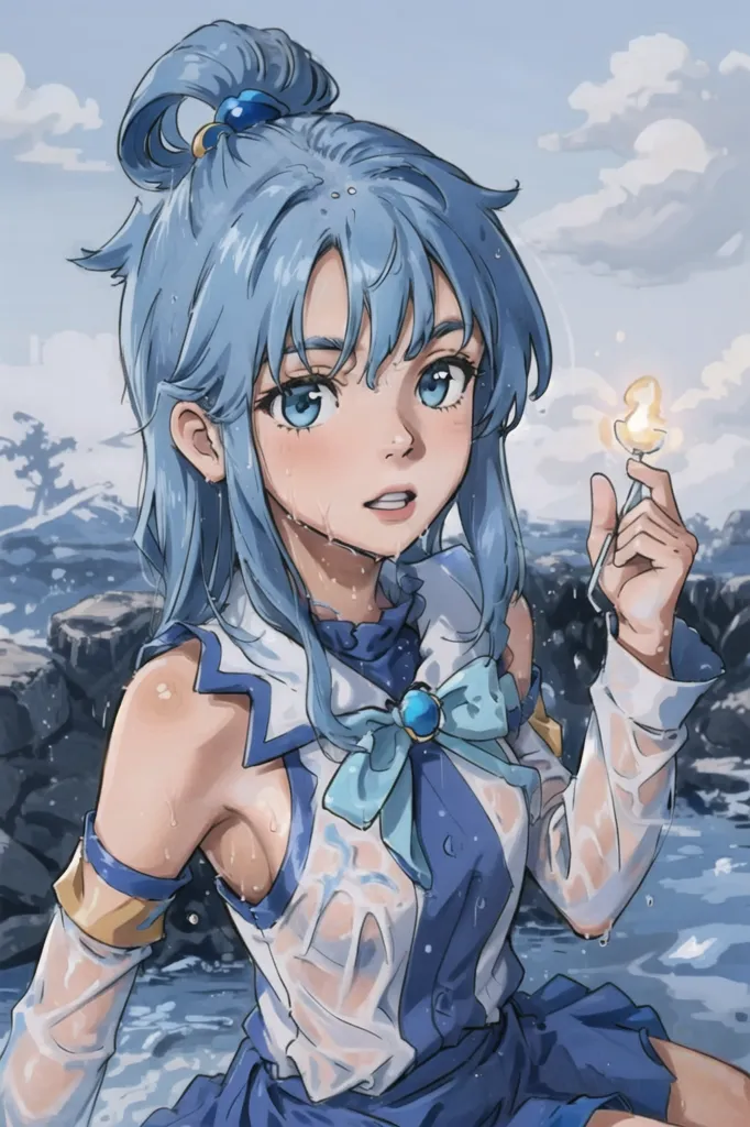 This is an image of a girl with blue hair and blue eyes. She is wearing a white and blue dress with a blue bow on the chest. She is standing in the water and holding a yellow lollipop in her right hand. There are rocks and mountains in the background and it looks like it just rained because everything is wet.