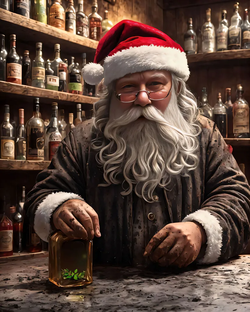 The image shows Santa Claus standing in a bar. He is wearing his traditional red and white Santa suit, but he has a dirty face and his clothes are tattered. He is holding a bottle of whiskey in his right hand and there is a glass on the counter in front of him. There are shelves of bottles behind him. He is looking at the camera with a sad expression on his face.