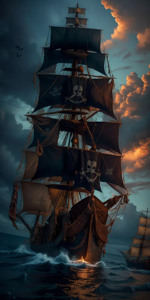 The image shows a pirate ship in full sail. The ship is black with tattered sails and a skull and crossbones flag. The ship is surrounded by stormy weather with dark clouds and rough seas. There are two other ships in the background. The ship is listing to one side and looks like it is about to sink. The image is full of action and adventure.