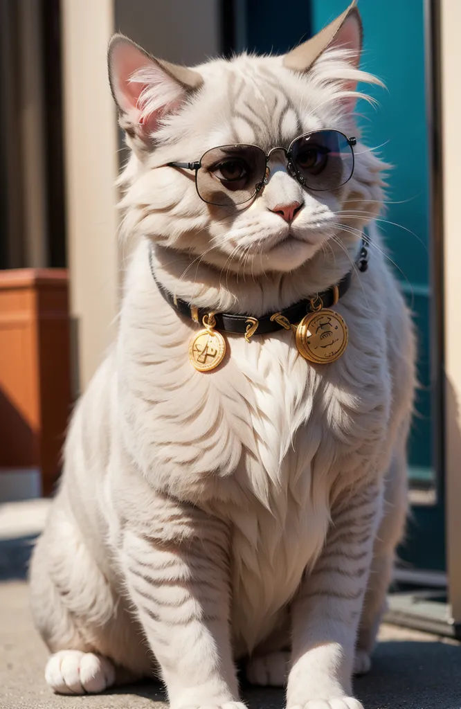 The image shows a white cat with sunglasses and a gold necklace with three pendants sitting on the ground in front of a door. The cat has one paw tucked under and is looking at the camera with a serious expression.