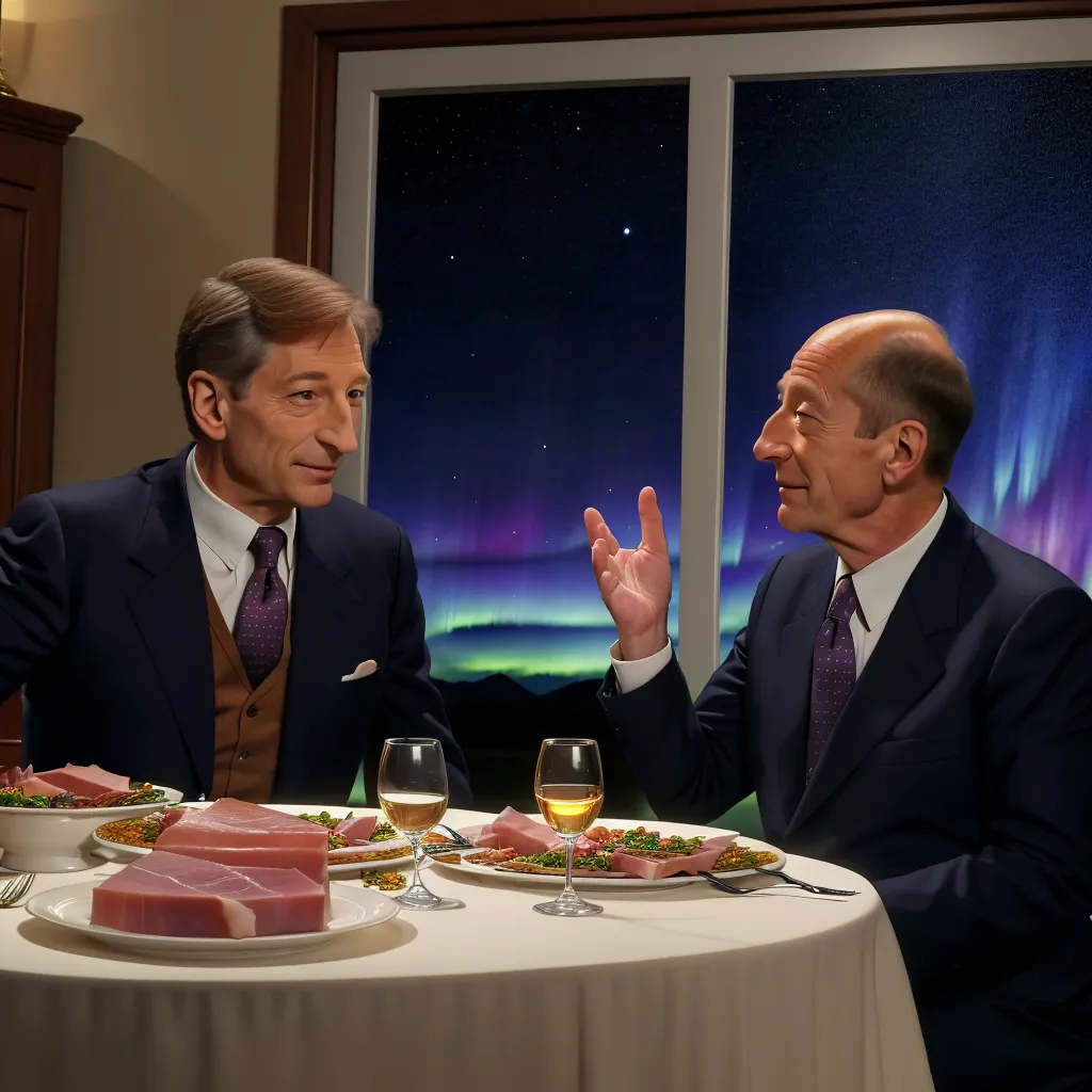 The image shows two men in suits sitting at a table and eating. The table is set with a white tablecloth and there are two place settings. Each place setting has a plate with a large piece of ham on it, as well as a wine glass and a bowl of peas. The men are both looking at each other and are engaged in conversation. The man on the left has a serious expression on his face, while the man on the right is smiling and gesturing with his hand. The background of the image is a window, which shows a night sky with stars and the aurora borealis.