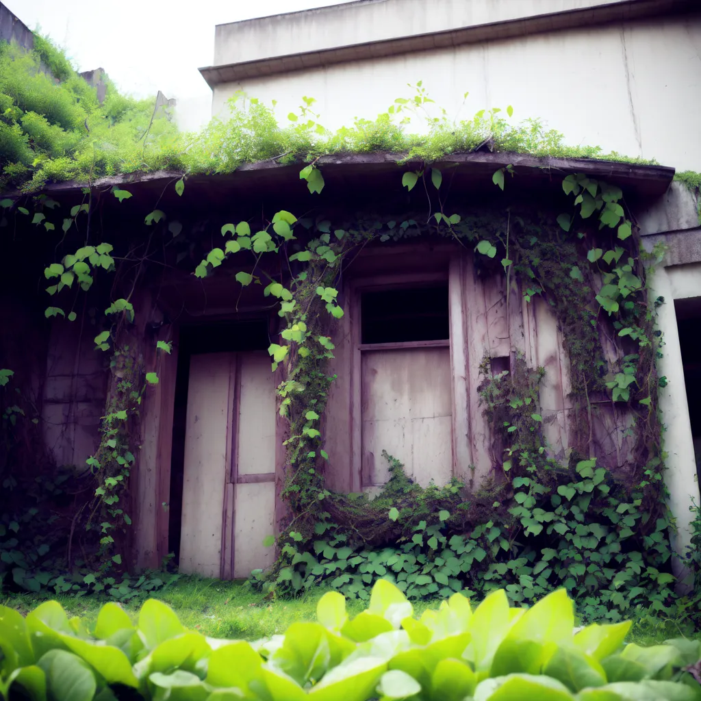 A imagem mostra uma casa que foi abandonada e agora está coberta de plantas. A casa é feita de concreto e tem um telhado plano. A porta da frente é de madeira. Plantas, possivelmente hera, estão crescendo na frente da casa e no telhado. As plantas são verdes e exuberantes. A imagem é tirada de um ângulo baixo, o que torna a casa ainda mais imponente.