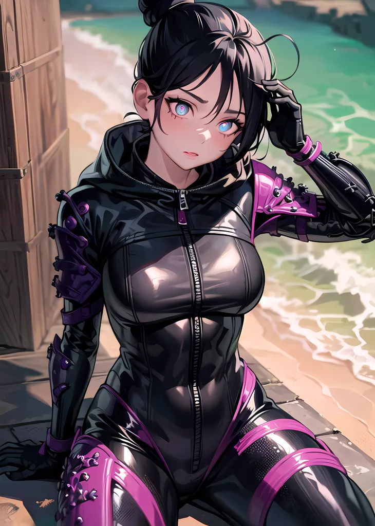 The image is of a young woman with black hair and blue eyes. She is wearing a black and purple bodysuit with a high collar and a zipper down the front. She has black and purple gloves and boots, and a purple belt around her waist. She is sitting on a wooden dock with the ocean in the background. She has a thoughtful expression on her face and is looking at the viewer with her head resting on her hand.