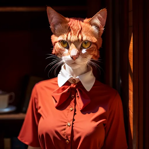 Esta é uma imagem de um gato antropomórfico. Ele está usando uma camisa social vermelha com colarinho branco e uma gravata borboleta vermelha. O gato tem as orelhas em pé e olha para a câmera com uma expressão séria. Ele está em pé diante de uma porta de madeira escura.