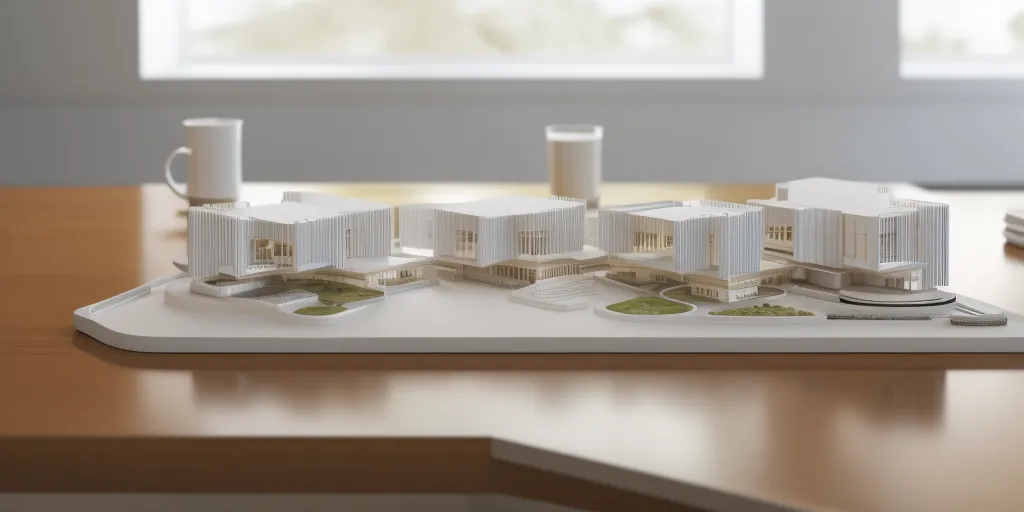 The image shows a white architectural model of a building complex on a table. The model is made of paper or card and is placed on a white surface. The complex consists of several buildings of different heights and shapes. The buildings are connected by walkways and have a modern design. There are two windows in the background and two cups on the table to the left of the model.