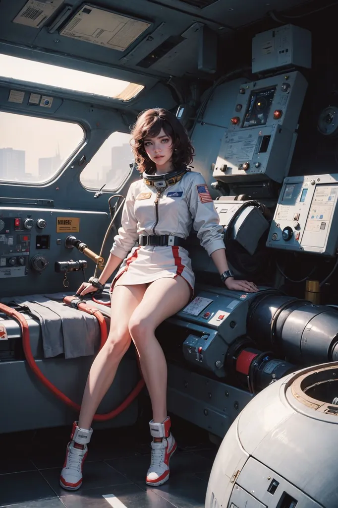 A young girl with brown hair and brown eyes is sitting on a bench in a spaceship. She is wearing a white spacesuit with a red and blue stripe going down the side of the legs. She is also wearing a pair of high-top sneakers. The spaceship is full of control panels and other equipment. There is a large window on the left side of the spaceship, which shows a view of the Earth.