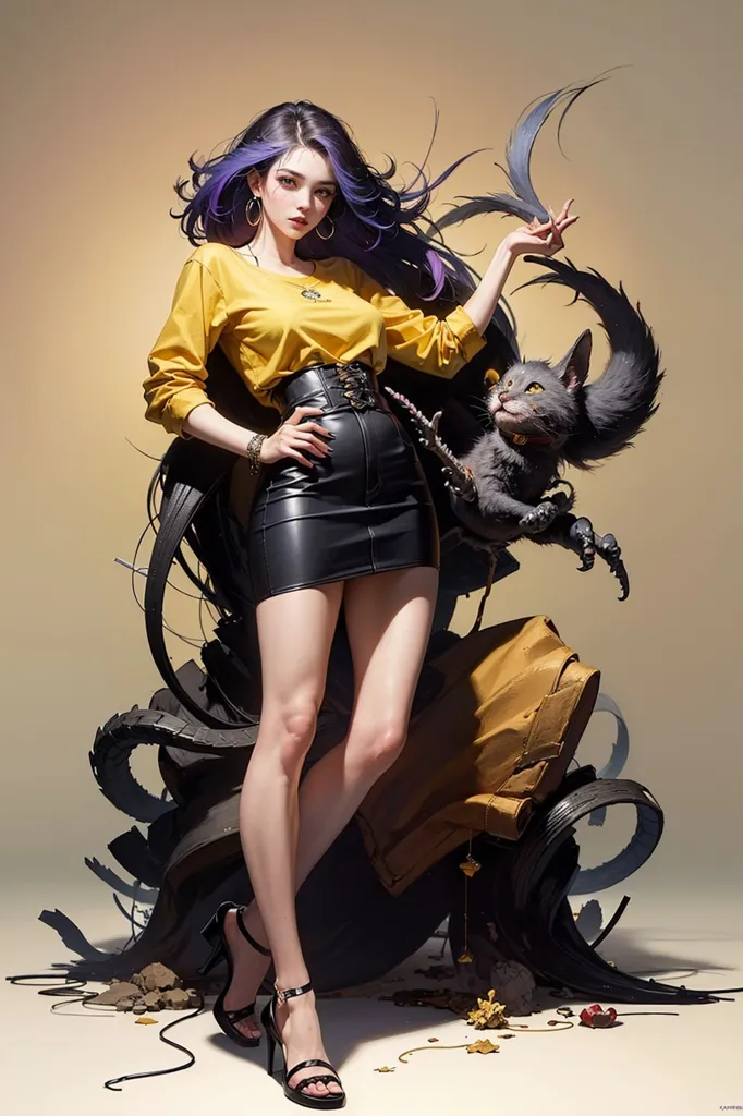 A imagem é de uma mulher jovem com cabelo roxo e orelhas de gato. Ela está usando um top curto amarelo, uma mini saia de couro preta e saltos altos pretos. Ela tem um gato preto com olhos amarelos sentado em seu ombro. A mulher está em pé em frente a um fundo amarelo e há uma pilha de sucata de metal a seus pés.