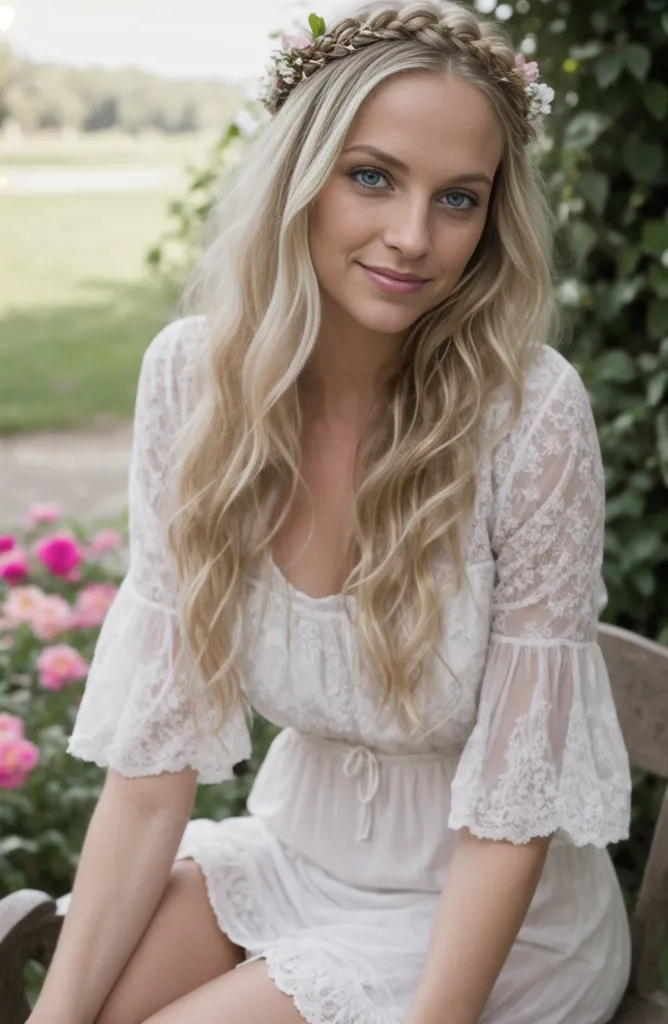 The image shows a young woman with long blonde hair and blue eyes. She is wearing a white lace dress with a sweetheart neckline and a floral crown. She is sitting on a bench in a garden, and there are pink flowers in the background. The woman has a soft smile on her face, and she is looking at the camera.