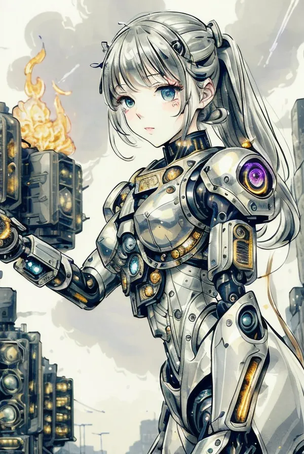 The image is a painting of a young woman with long white hair and blue eyes. She is wearing a white and gray bodysuit with a metallic breastplate and shoulder pads. She is also wearing a helmet with a visor. She is standing in a city with a large building in the background. There is a fire burning in the distance. The woman is looking at the viewer with a serious expression.