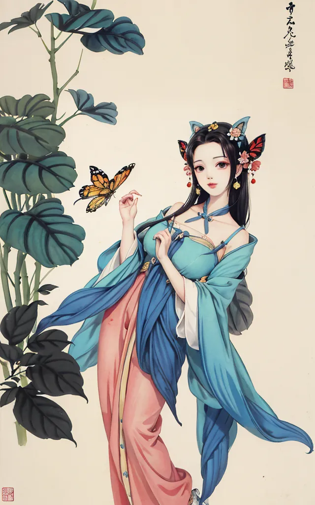 A imagem é uma pintura chinesa de uma jovem mulher vestida com um vestido azul e rosa. Ela tem cabelos pretos longos e está usando um grampo de cabelo com borboleta. Ela está em pé em um jardim com uma borboleta em seu dedo. O fundo é de uma cor verde clara com grandes folhas verdes. A pintura está em um estilo tradicional chinês e é muito detalhada.