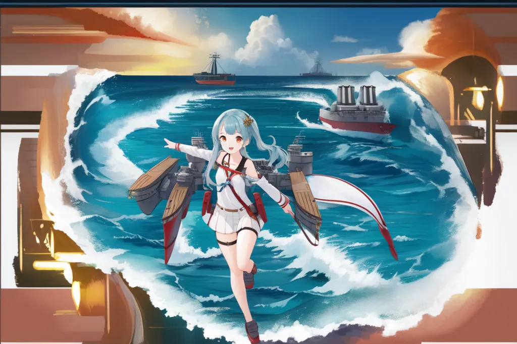 This is an image of a young woman standing on the deck of a ship. She is wearing a white dress and a blue hat. The ship is surrounded by other ships and there are large waves in the background. The woman is smiling and has her arms outstretched.