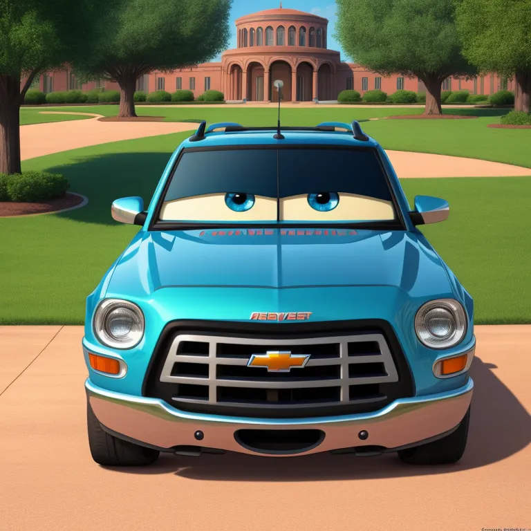 Esta é uma imagem de desenho animado de um Chevrolet Suburban azul. Ele tem olhos grandes e azuis e uma boca. Está estacionado em um campus universitário. Há um grande edifício de tijolos com colunas brancas atrás dele. O céu está azul claro e é de dia.