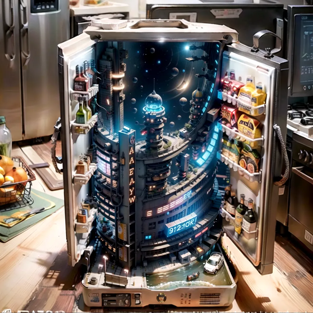 La imagen muestra una ciudad retro-futurista dentro de un refrigerador. La ciudad está compuesta por altos edificios, luces de neón y autos voladores. El refrigerador está abierto y la ciudad es visible a través de la puerta. Hay un coche en la carretera. También hay algunas frutas y verduras en los estantes del refrigerador.