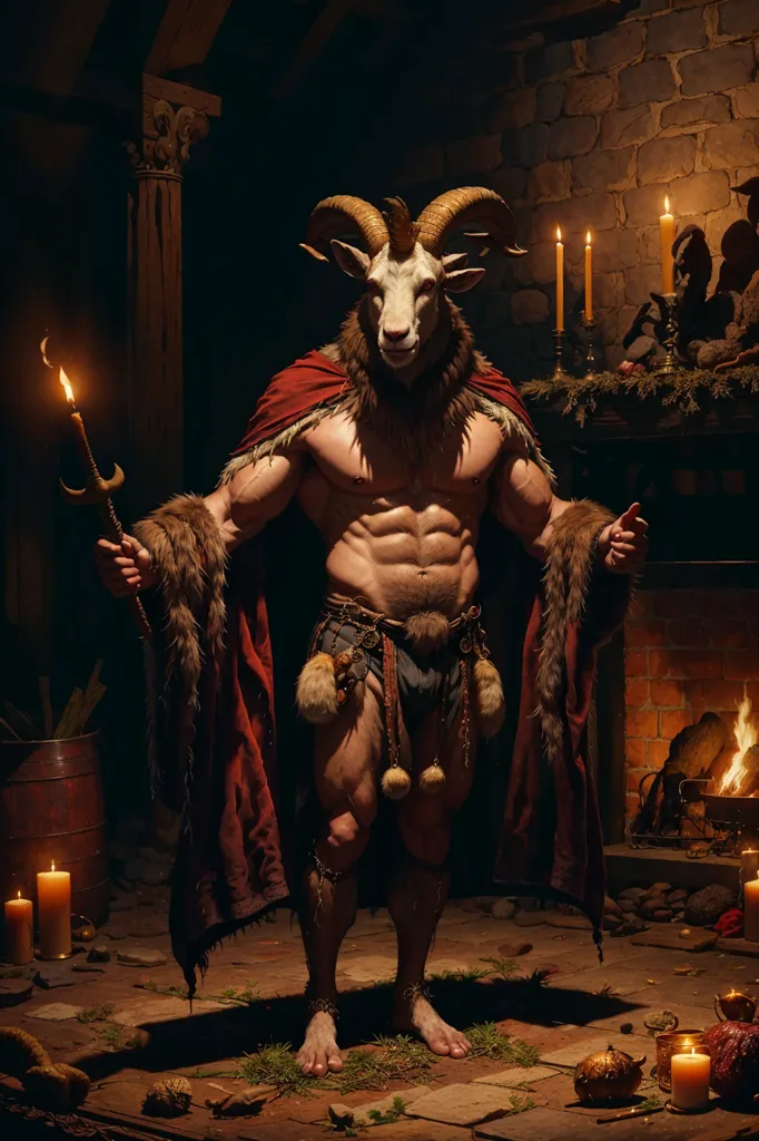 The image shows a muscular man with the head of a goat. He is wearing a red cape and a loincloth, and he is barefoot. He is standing in a dark room, with a fireplace behind him. There are candles on the floor and on the mantelpiece. The man is holding a staff in his right hand, and he is pointing with his left hand. He has a determined expression on his face.