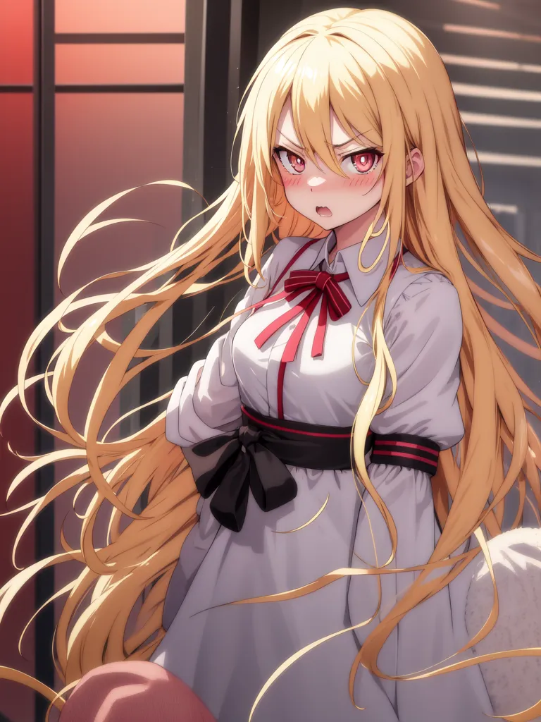 The image is a painting of a young woman with long, flowing blonde hair. She is wearing a white dress with a red ribbon at the collar. The woman has red eyes and is looking at the viewer with an angry expression. She is standing in front of a red background.