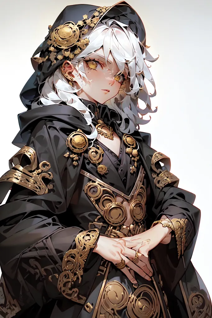 This is an image of a person with pale skin, white hair, and yellow eyes. They are wearing a black and gold robe with a hood. The robe is decorated with gold buttons and trim. They are also wearing a gold necklace and several rings.