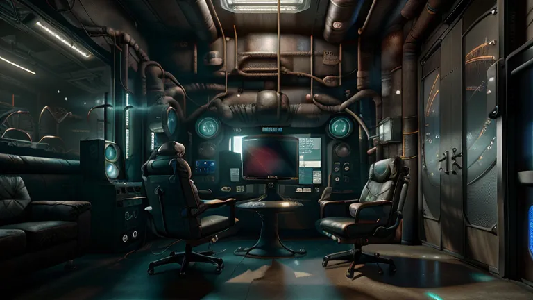 The image is a dark and grungy room. There are three chairs in the center of the room, and a large screen on the wall behind them. The room is full of pipes and machinery, and there is a door on the right side of the image.