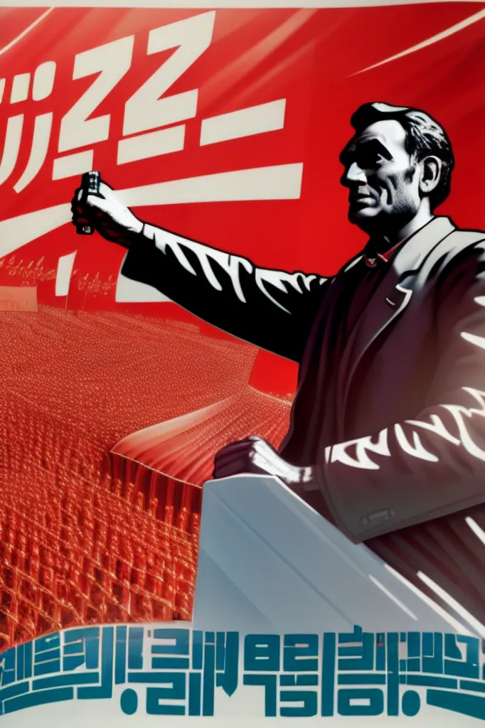 The image is a North Korean propaganda poster. It shows a man in a suit, who is likely Kim Il-sung, the founder of North Korea, standing on a podium in front of a large crowd. The background is red, and there is a banner at the top of the poster that says "Juche", which is the North Korean ideology of self-reliance. The poster is written in Korean.
