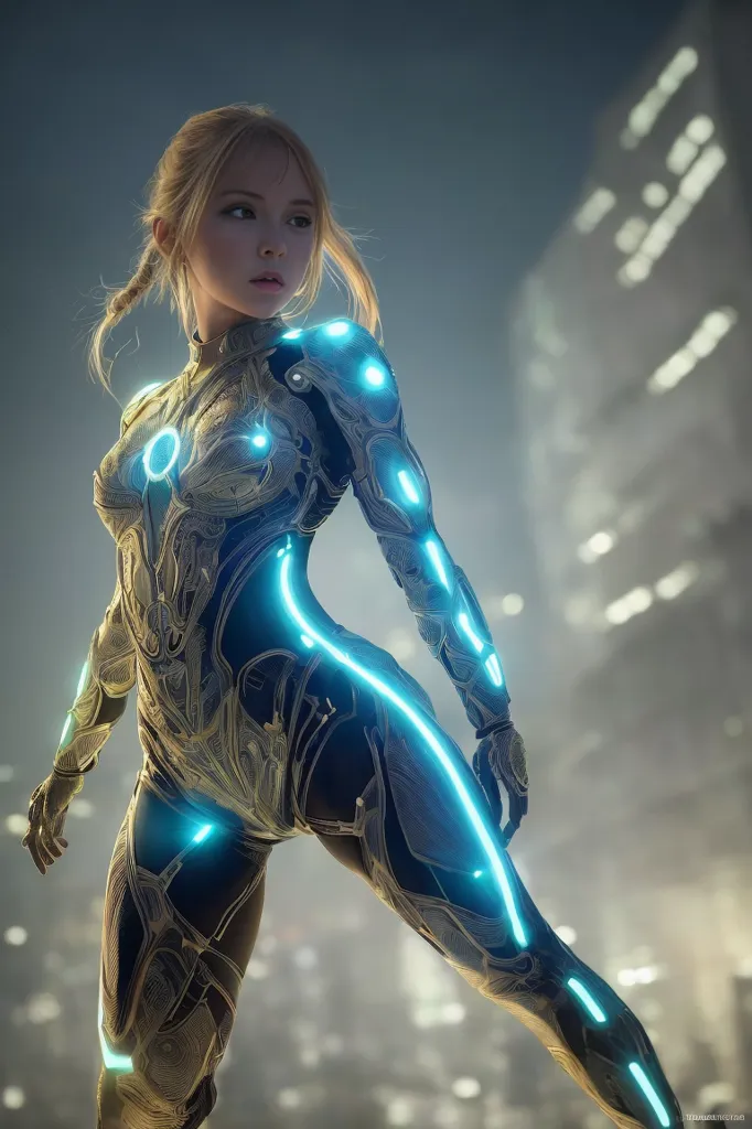 The image depicts a young woman, possibly a cyborg, wearing a skin-tight suit of golden armor with blue glowing lines running along her body. Her blonde hair is tied back in a ponytail, and her face is expressionless as she gazes to the side. The background is a blurred cityscape at night with bright lights.