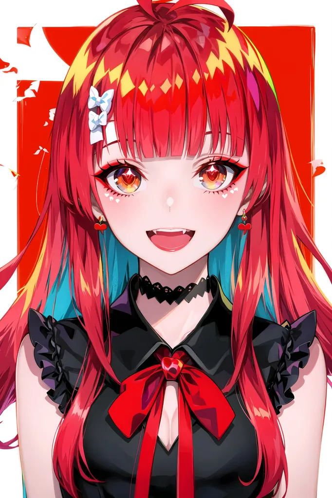 The image is a portrait of a young woman with long, red hair and yellow eyes. She is wearing a black dress with a red bow and has a red ribbon in her hair. She has a friendly smile on her face and two small fangs are visible. The background is a simple red color.