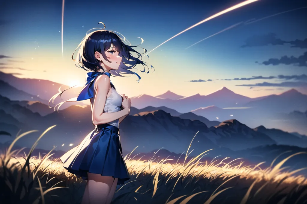 This is an image of a girl standing in a field of tall grass. She is wearing a blue and white sailor-style outfit. The girl has short dark hair and brown eyes. She is looking off into the distance with a peaceful expression on her face. The sun is setting in the background, casting a warm glow over the scene. There are mountains in the distance. The sky is blue and there are some clouds in the sky. The girl is standing on a grassy hill. There are some trees in the distance. The image is peaceful and serene.